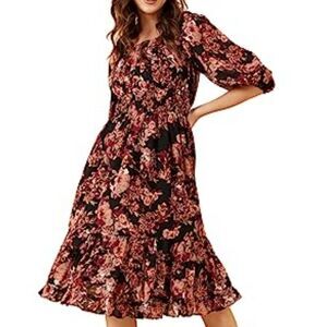 BRAND NEW NY LONG MULTI-COLOR FLORAL EMBROIDERED FIT&FLARE V-NECK  DRESS